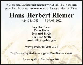 Traueranzeige von Hans-Herbert Riemer  von Magdeburger Volksstimme