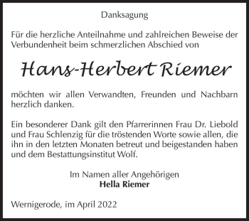 Traueranzeige von Hans-Herbert Riemer  von Magdeburger Volksstimme