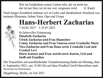 Traueranzeige von Hans-Herbert Zacharias  von Magdeburger Volksstimme