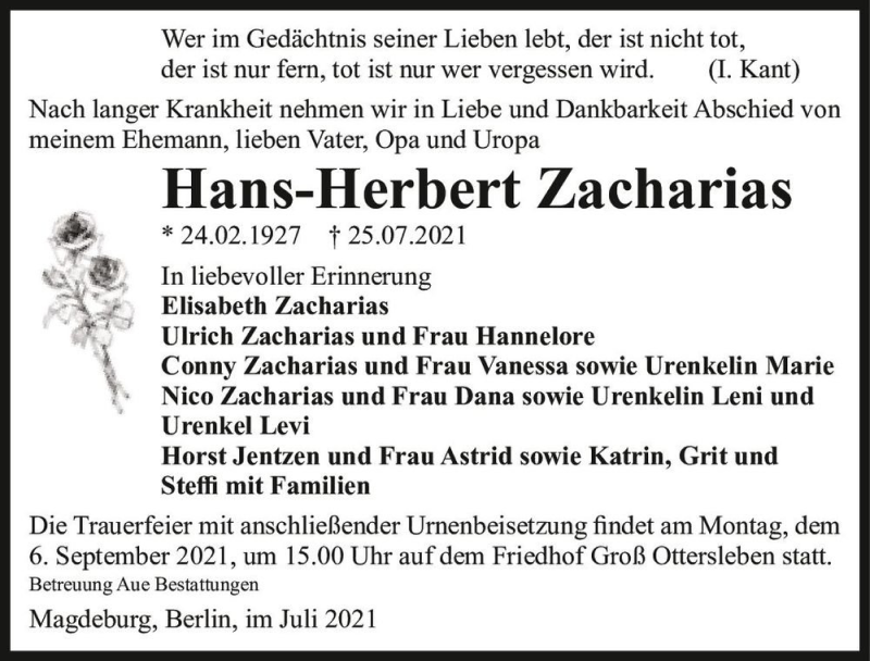  Traueranzeige für Hans-Herbert Zacharias  vom 14.08.2021 aus Magdeburger Volksstimme