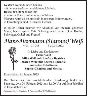 Traueranzeige von Hans-Hermann (Hannes) Weiß  von Magdeburger Volksstimme
