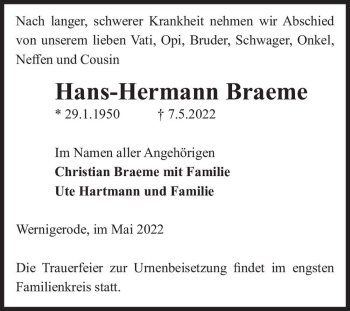 Traueranzeige von Hans-Hermann Braeme  von Magdeburger Volksstimme