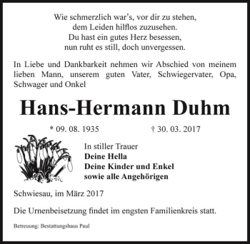 Traueranzeige von Hans-Hermann Duhm  von Magdeburger Volksstimme