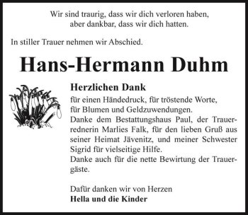 Traueranzeige von Hans-Hermann Duhm  von Magdeburger Volksstimme