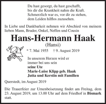 Traueranzeige von Hans-Hermann Haak (Hansi)  von Magdeburger Volksstimme