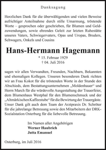 Traueranzeige von Hans-Hermann Hagemann  von Magdeburger Volksstimme