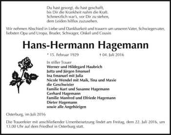 Traueranzeige von Hans-Hermann Hagemann  von Magdeburger Volksstimme