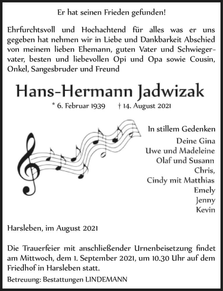  Traueranzeige für Hans-Hermann Jadwizak  vom 21.08.2021 aus Magdeburger Volksstimme