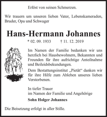 Traueranzeige von Hans-Hermann Johannes  von Magdeburger Volksstimme