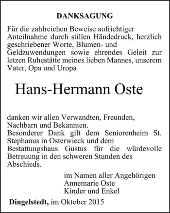 Traueranzeige von Hans-Hermann Oste  von Magdeburger Volksstimme