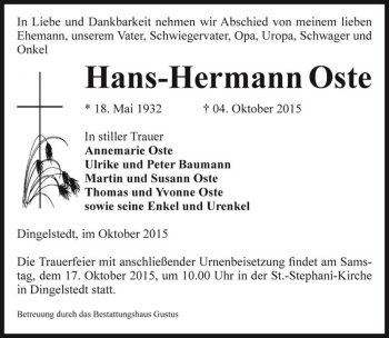 Traueranzeige von Hans-Hermann Oste  von Magdeburger Volksstimme