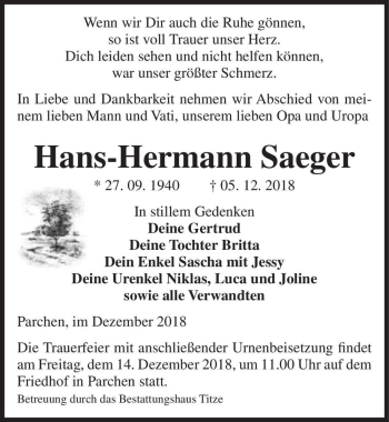 Traueranzeige von Hans-Hermann Saeger  von Magdeburger Volksstimme