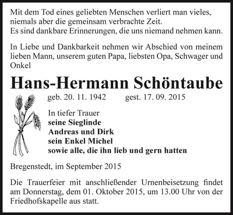  Traueranzeige für Hans-Hermann Schöntaube  vom 21.09.2015 aus Magdeburger Volksstimme
