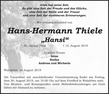 Traueranzeige von Hans-Hermann Thiele ,,Hansi