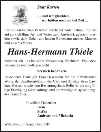 Traueranzeige von Hans-Hermann Thiele  von Magdeburger Volksstimme