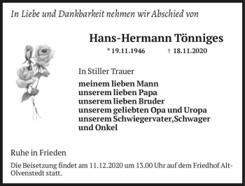 Traueranzeige von Hans-Hermann Tönniges  von Magdeburger Volksstimme