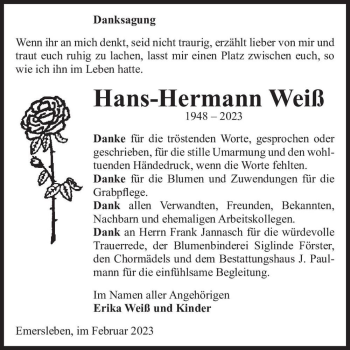 Traueranzeige von Hans-Hermann Weiß  von Magdeburger Volksstimme
