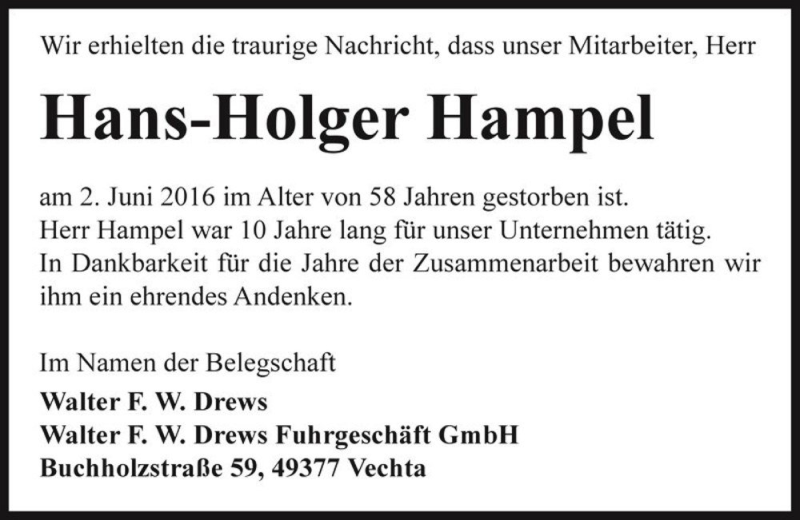  Traueranzeige für Hans-Holger Hampel  vom 25.06.2016 aus Magdeburger Volksstimme