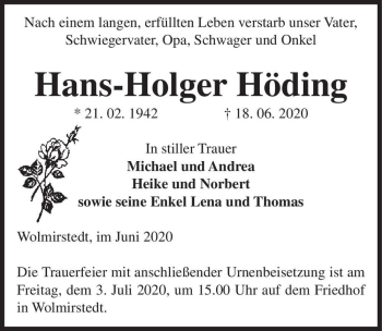 Traueranzeige von Hans-Holger Höding  von Magdeburger Volksstimme