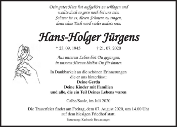 Traueranzeige von Hans-Holger Jürgens  von Magdeburger Volksstimme