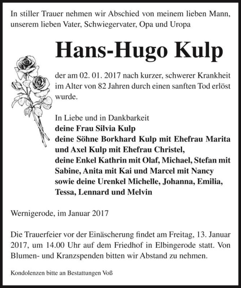  Traueranzeige für Hans-Hugo Kulp  vom 07.01.2017 aus Magdeburger Volksstimme