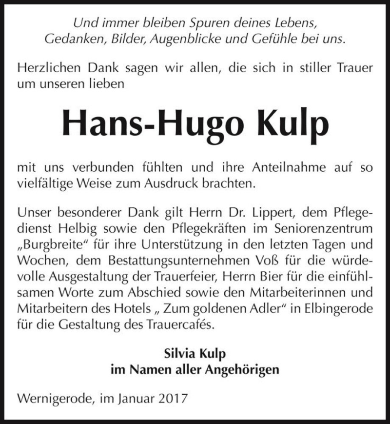  Traueranzeige für Hans-Hugo Kulp  vom 21.01.2017 aus Magdeburger Volksstimme