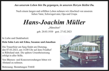 Traueranzeige von Hans-Joachim 
