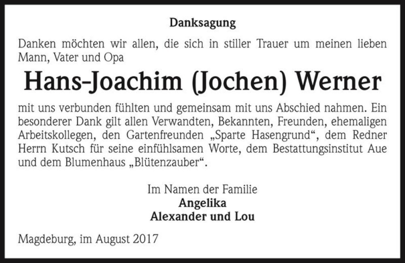  Traueranzeige für Hans-Joachim (Jochen) Werner  vom 12.08.2017 aus Magdeburger Volksstimme