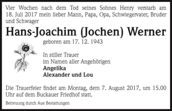 Traueranzeige von Hans-Joachim (Jochen) Werner  von Magdeburger Volksstimme