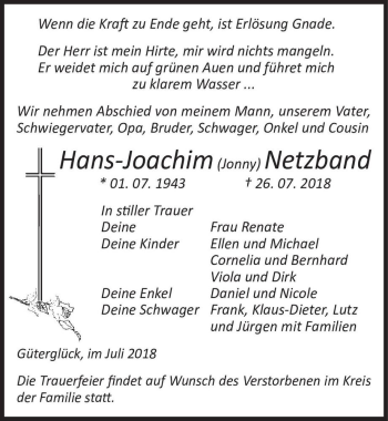 Traueranzeige von Hans-Joachim (Jonny) Netzband  von Magdeburger Volksstimme