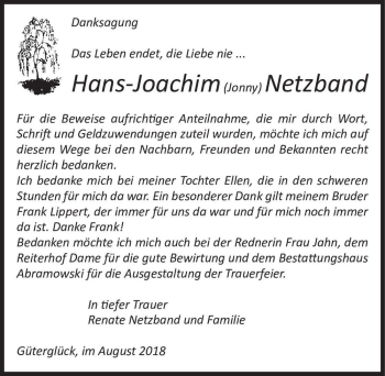 Traueranzeige von Hans-Joachim (Jonny) Netzband  von Magdeburger Volksstimme