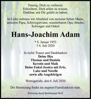 Traueranzeige von Hans-Joachim Adam  von Magdeburger Volksstimme