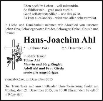 Traueranzeige von Hans-Joachim Ahl  von Magdeburger Volksstimme