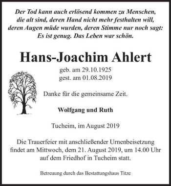 Traueranzeige von Hans-Joachim Ahlert  von Magdeburger Volksstimme