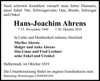 Traueranzeige von Hans-Joachim Ahrens  von Magdeburger Volksstimme