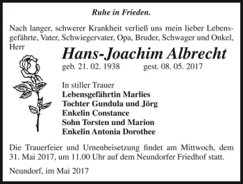 Traueranzeige von Hans-Joachim Albrecht  von Magdeburger Volksstimme