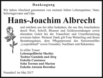 Traueranzeige von Hans-Joachim Albrecht  von Magdeburger Volksstimme