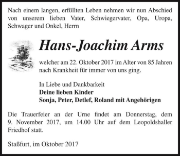 Traueranzeige von Hans-Joachim Arms  von Magdeburger Volksstimme