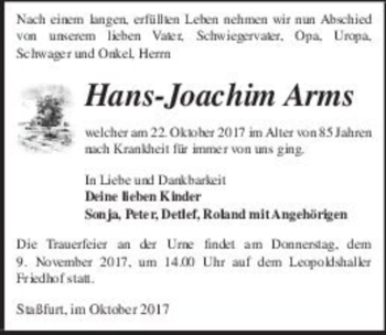 Traueranzeige von Hans-Joachim Arms  von Magdeburger Volksstimme