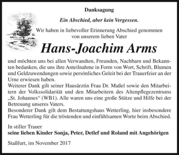 Traueranzeige von Hans-Joachim Arms  von Magdeburger Volksstimme