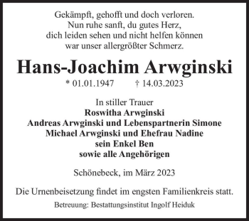 Traueranzeige von Hans-Joachim Arwginski  von Magdeburger Volksstimme