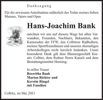 Traueranzeige von Hans-Joachim Bank  von Magdeburger Volksstimme