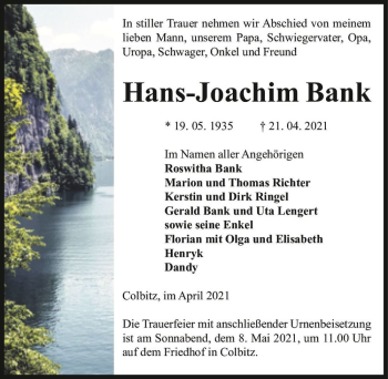 Traueranzeige von Hans-Joachim Bank  von Magdeburger Volksstimme