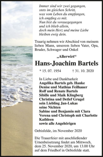 Traueranzeige von Hans-Joachim Bartels  von Magdeburger Volksstimme