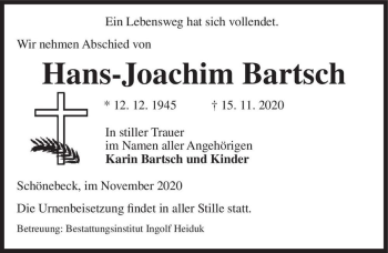Traueranzeige von Hans-Joachim Bartsch  von Magdeburger Volksstimme