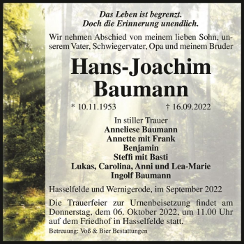 Traueranzeige von Hans-Joachim Baumann  von Magdeburger Volksstimme