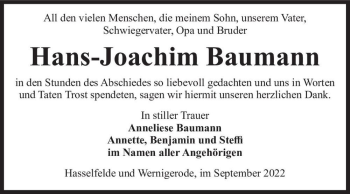 Traueranzeige von Hans-Joachim Baumann  von Magdeburger Volksstimme