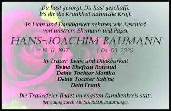 Traueranzeige von Hans-Joachim Baumann  von Magdeburger Volksstimme