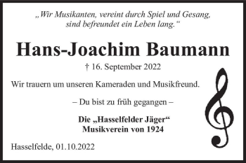 Traueranzeige von Hans-Joachim Baumann  von Magdeburger Volksstimme