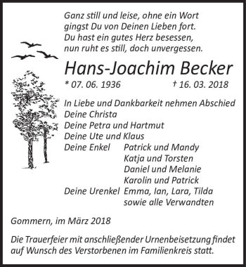 Traueranzeige von Hans-Joachim Becker  von Magdeburger Volksstimme